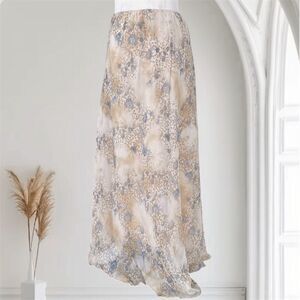 RAG Romantic Whimsical Cream Tan Mesh Blue Floral Maxi Skirt Plus Size 1X